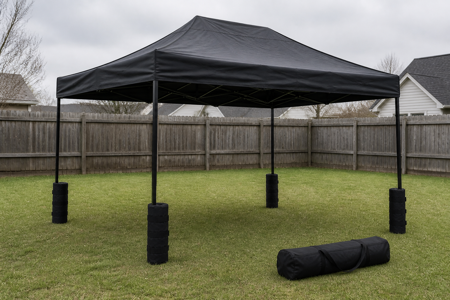 other angle, full tent, cylindrical sandbags on the legs