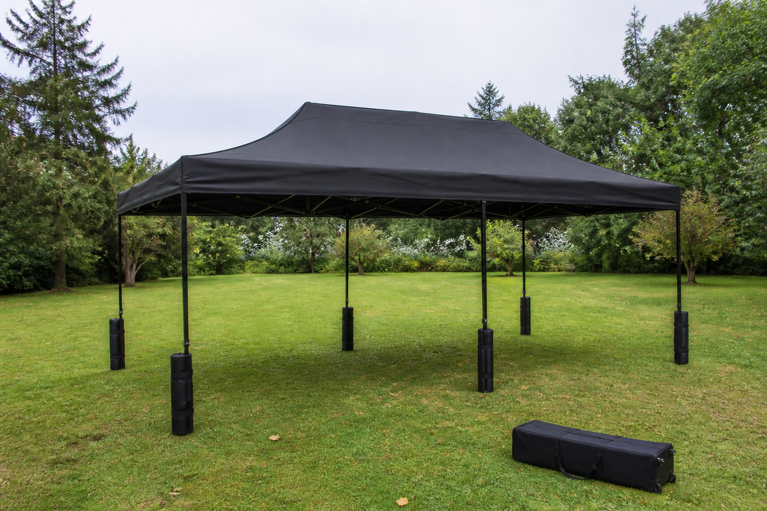 other angle, full tent, cylindrical sandbags on the legs